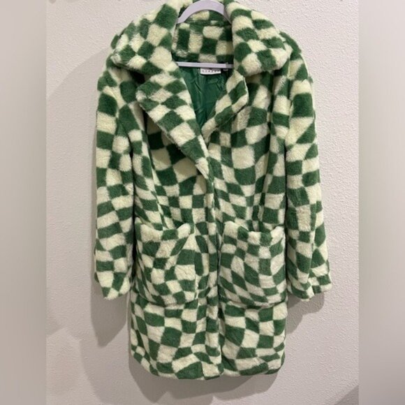 New ASOS Faux Fur Long Checkboard Coat Wavy 90’s Mod Boho Street - Picture 3 of 11